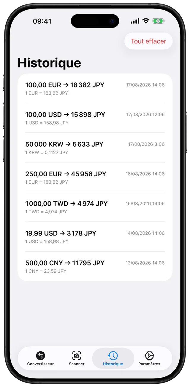 Historique des conversions montrant les yens convertis passés avec montants et horodatages