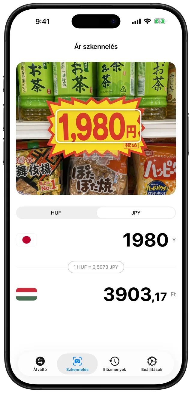 Kamera nézet, amely egy ¥1 980-as japán árcédulát olvas be és mutatja az átváltott összeget