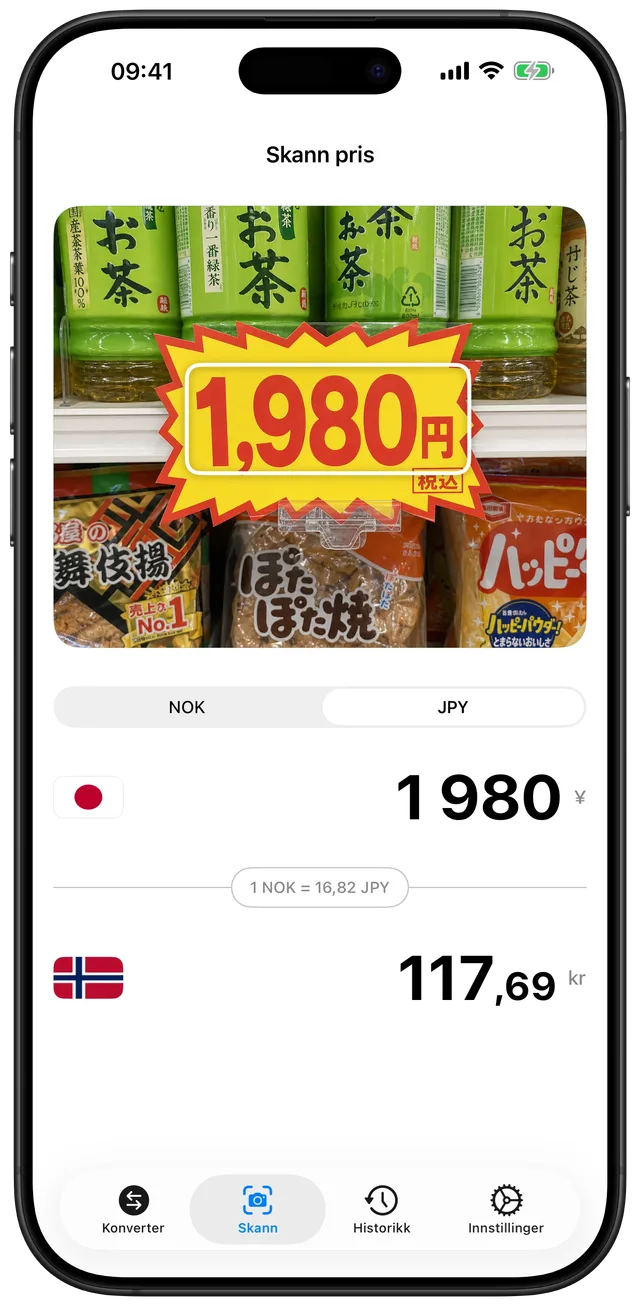 Kameravisning som skanner en japansk prislapp med teksten ¥1 980 og viser det konverterte beløpet
