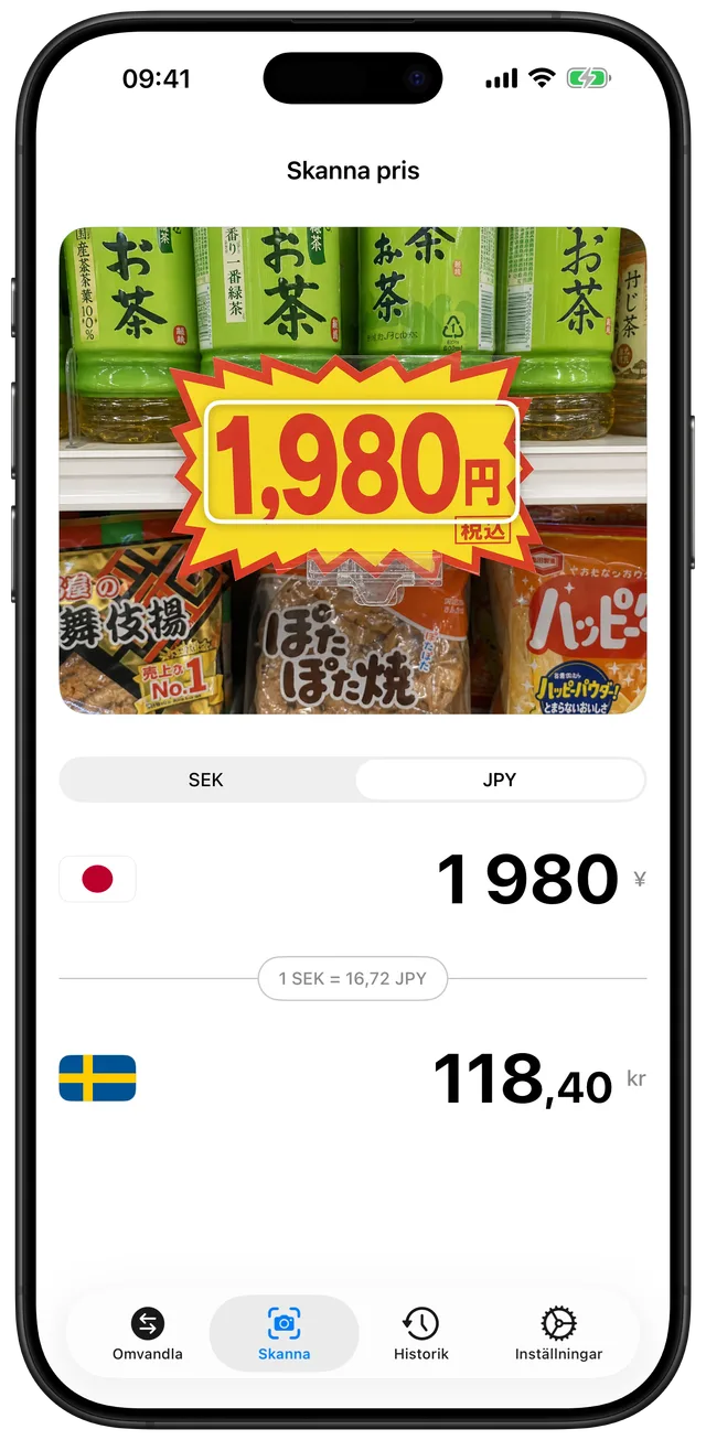 Kameravy som skannar en japansk prislapp med texten ¥1 980 och visar det omvandlade beloppet