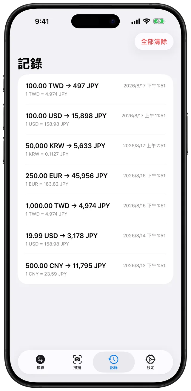 換算紀錄列表,顯示過去所有日圓換算的金額與時間